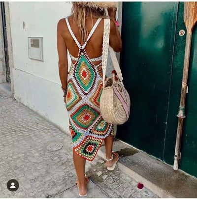 Handmade Diamond Pattern Crochet Dress - White/Multi-color