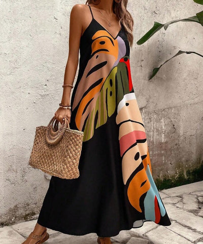 Women's Fashionable Colorful Leaf Printed Strappy Dress Maxi Women Outfit