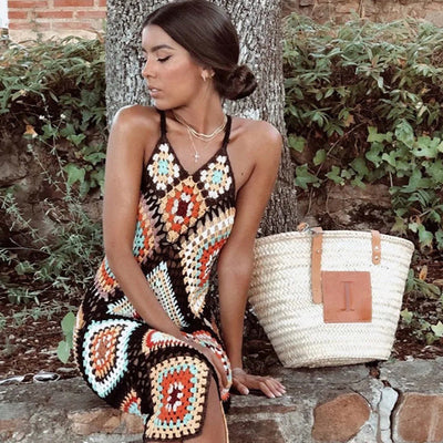 Handmade Diamond Pattern Crochet Dress - Black/Multi-color